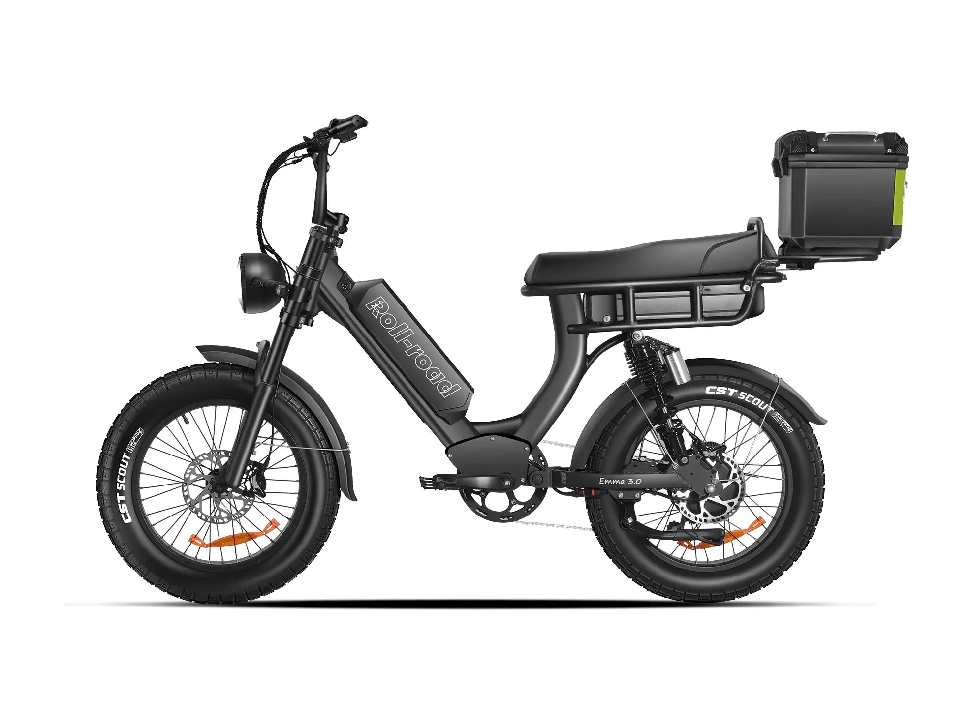 Black EMMA 3.0 e-bike with 2-person Seat and Trunk. Ideal for passengers and gear, with a 1500W motor.