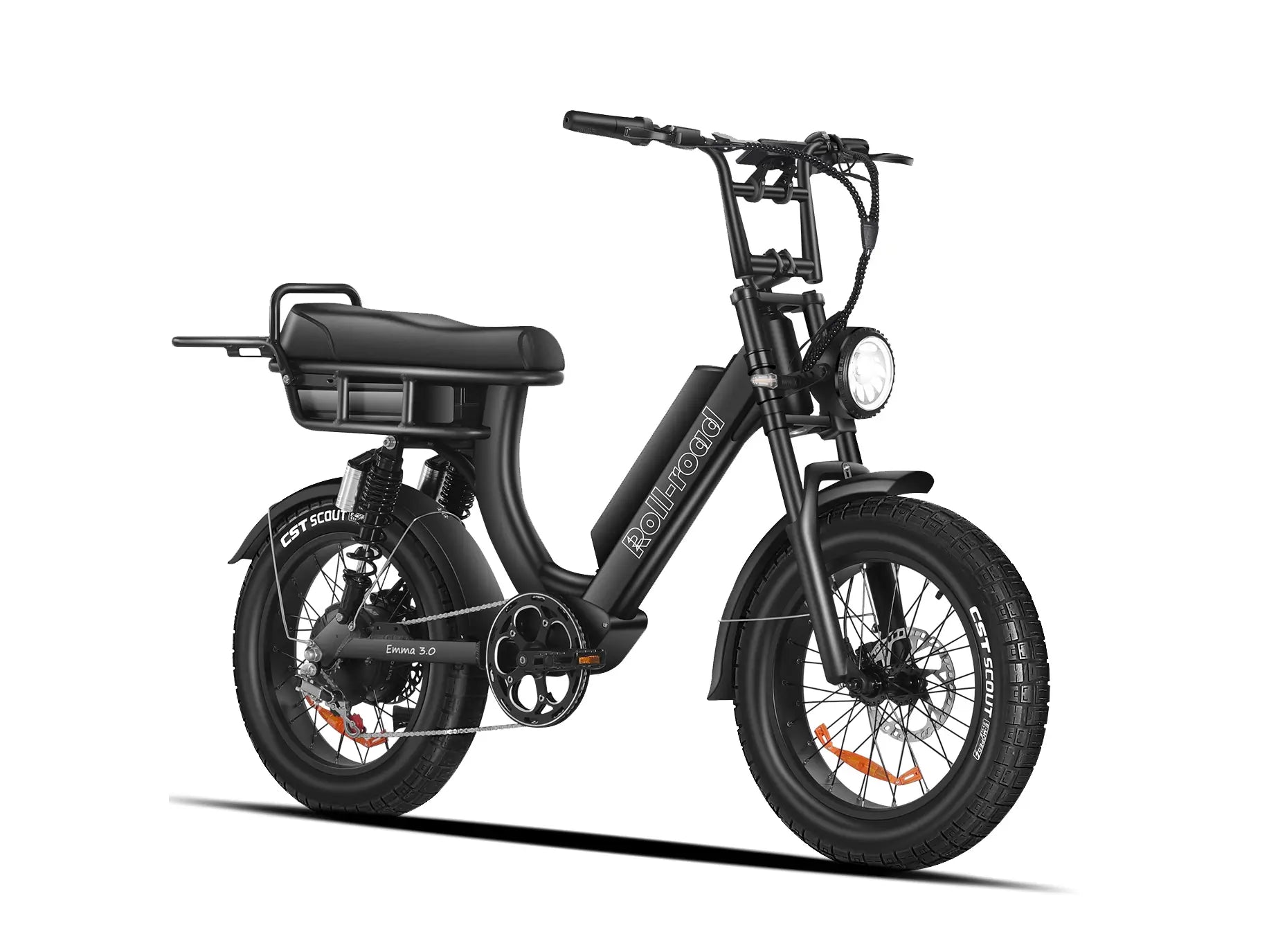Black EMMA 3.0 e-bike with a comfortable 2-person seat, built for sharing rides with a passenger.
