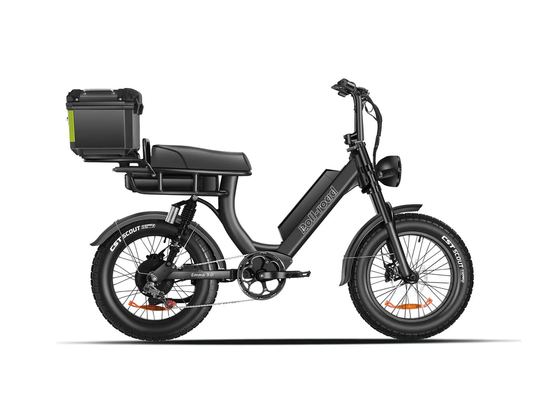 Versatile black EMMA 3.0 e-bike with a Trunk, ready for grocery runs or weekend getaways.