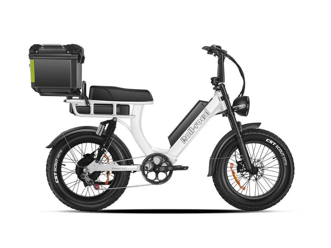 Practical white EMMA 3.0 electric bike with a Trunk, combining style with utility for city life.