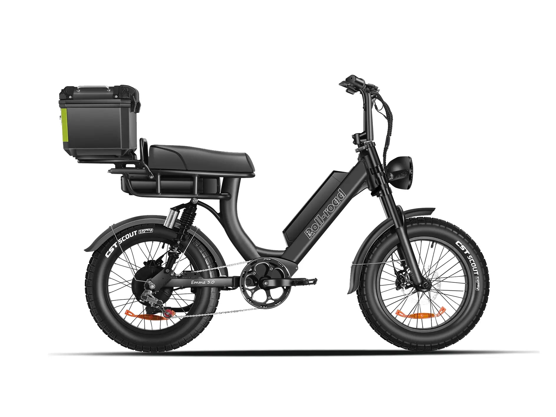 Black EMMA 3.0 e-bike with a standard seat and a large rear Trunk for extra storage.