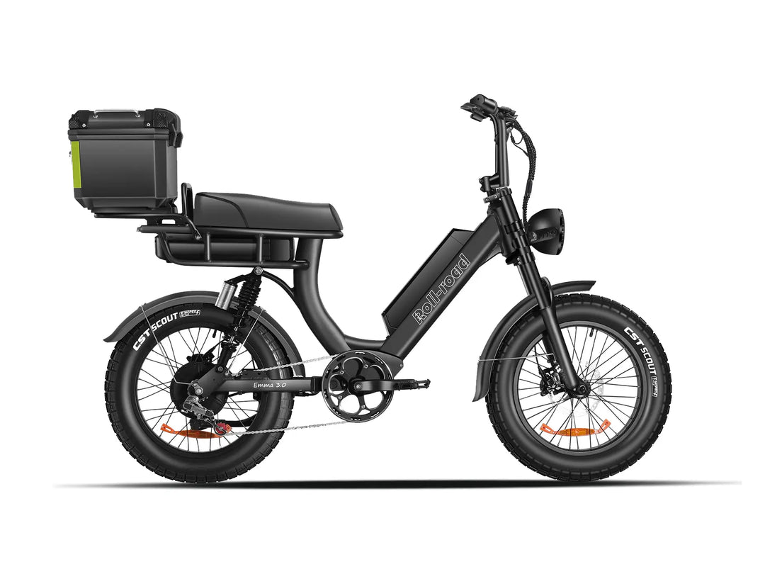 Black EMMA 3.0 e-bike with a standard seat and a Trunk.