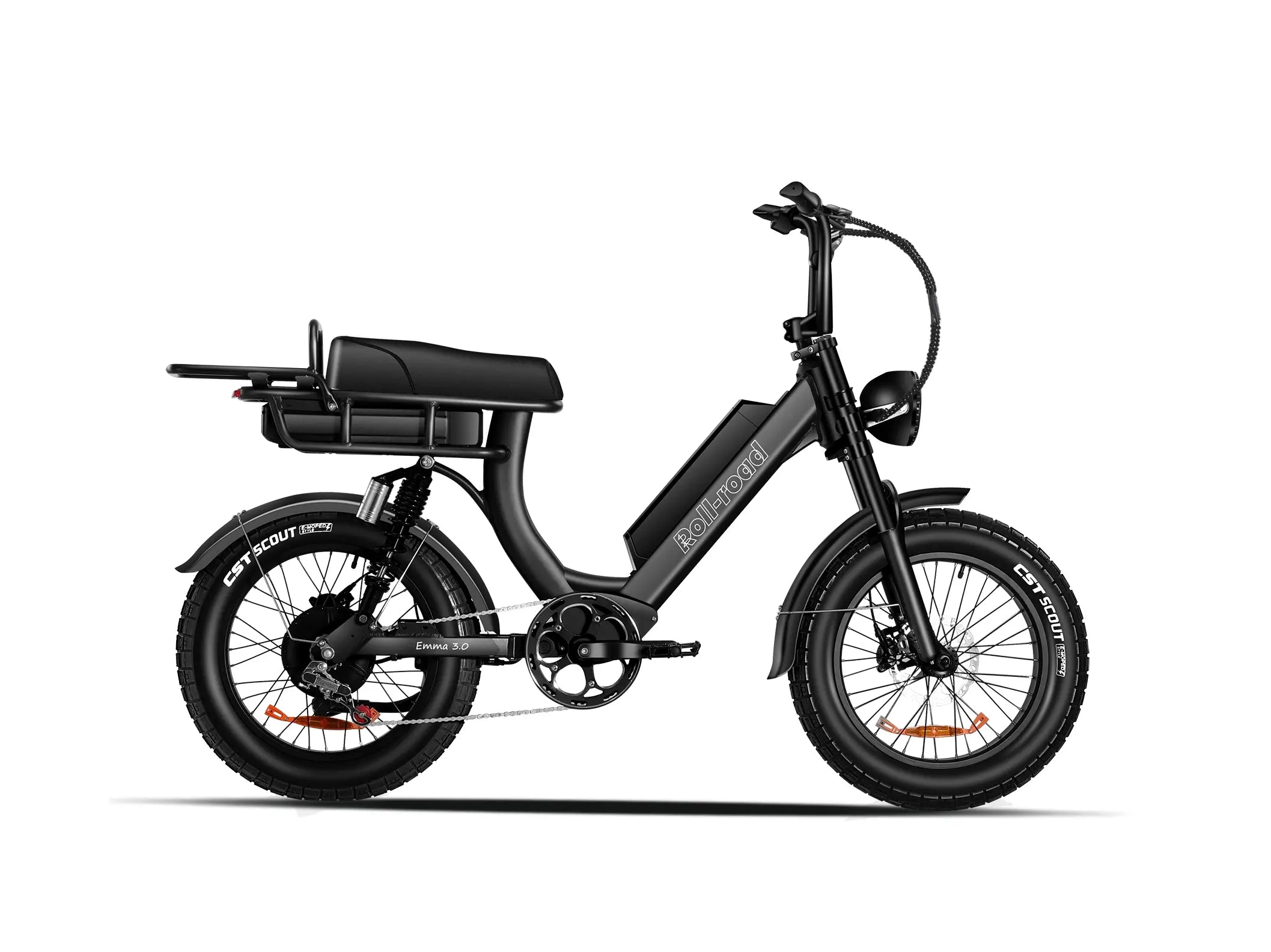 Front-facing image of the black EMMA 3.0 e-bike, highlighting its robust frame and standard seat design.