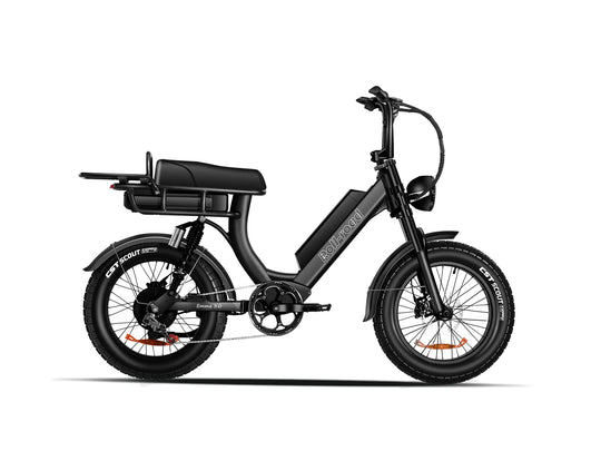 Front-facing image of the black EMMA 3.0 e-bike, highlighting its robust frame and standard seat design.