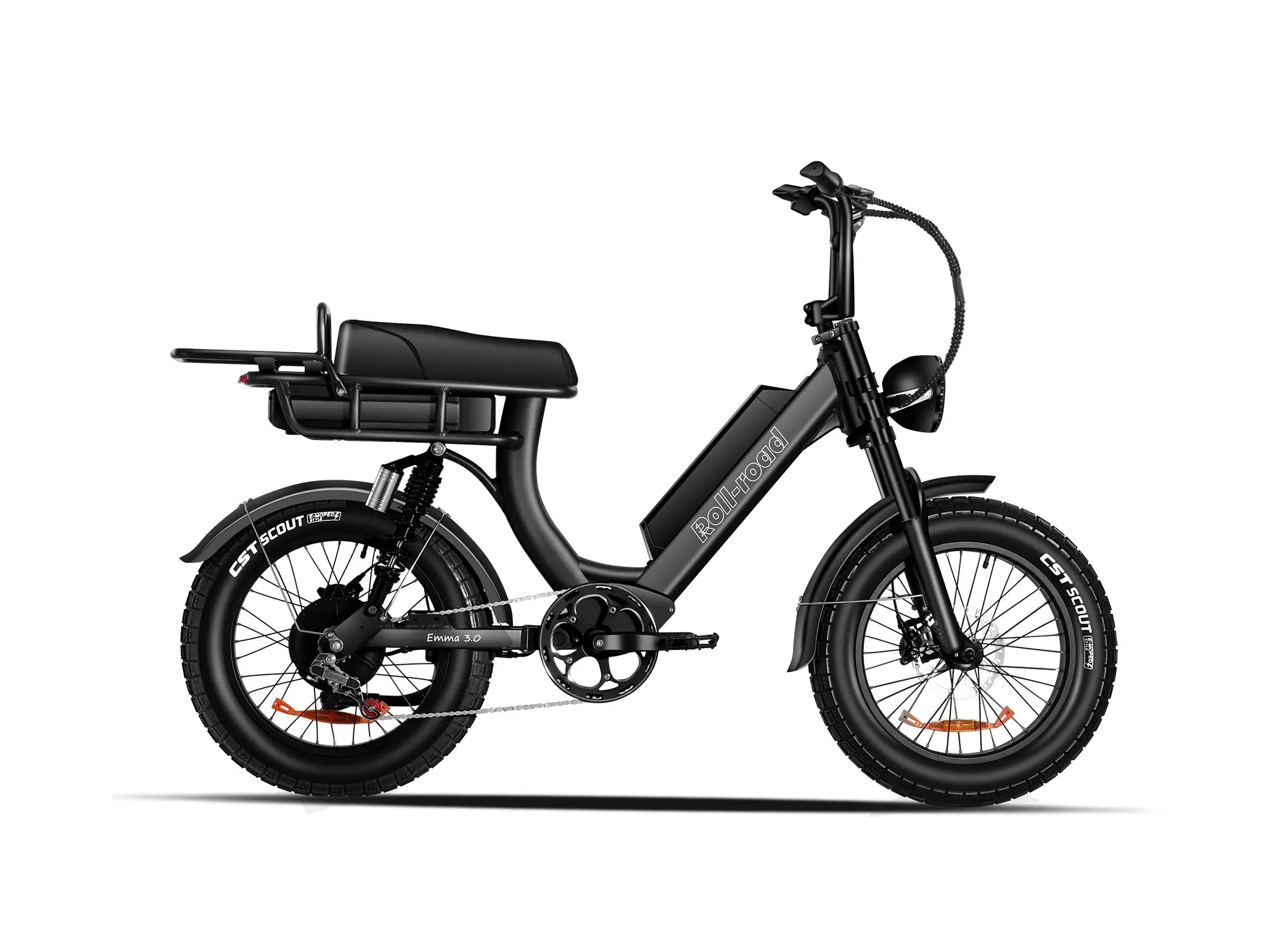 Front profile of the agile black EMMA 3.0 e-bike, ready for powerful commutes and city adventures.