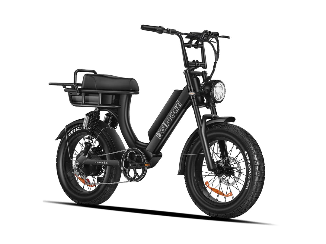 Roll Road EMMA 3.0 black electric bike with standard seat and dual batteries.