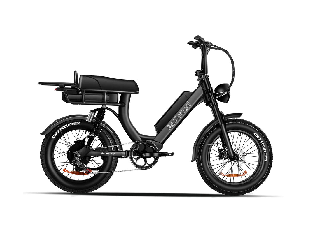 Roll Road EMMA 3.0 black electric bike, front view with standard seat.
