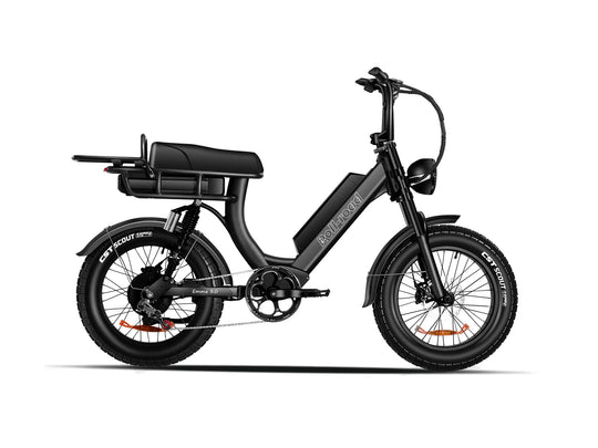 Roll Road EMMA 3.0 black electric bike, front view with standard seat.