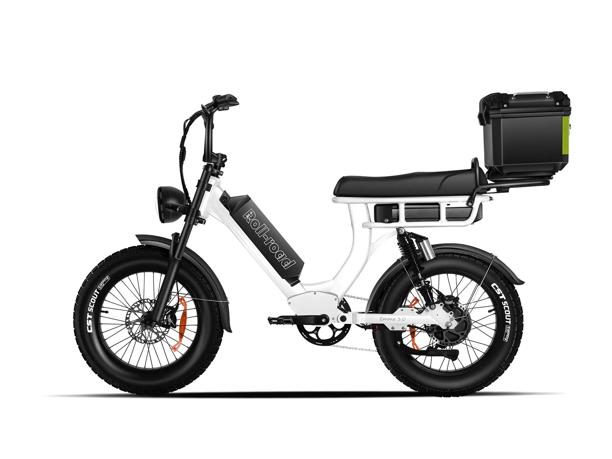 White EMMA 3.0 electric bike built for a 2-person seat and Trunk, perfect for family outings and practical errands.