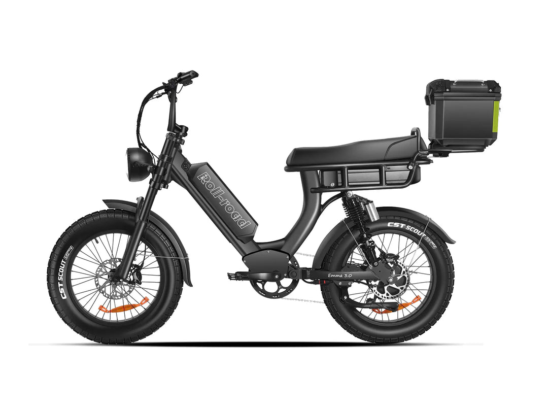 Black EMMA 3.0 electric bike featuring a 2-person seat and a large Trunk.