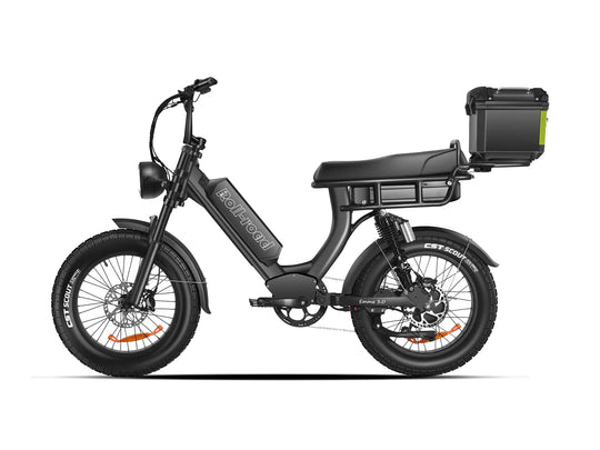 Black EMMA 3.0 electric bike featuring a 2-person seat and a large Trunk.