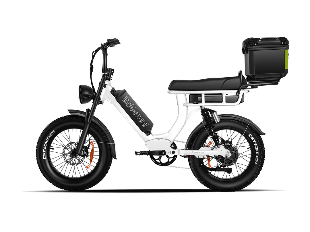 White EMMA 3.0 e-bike configured with a 2-person seat and a practical Trunk.