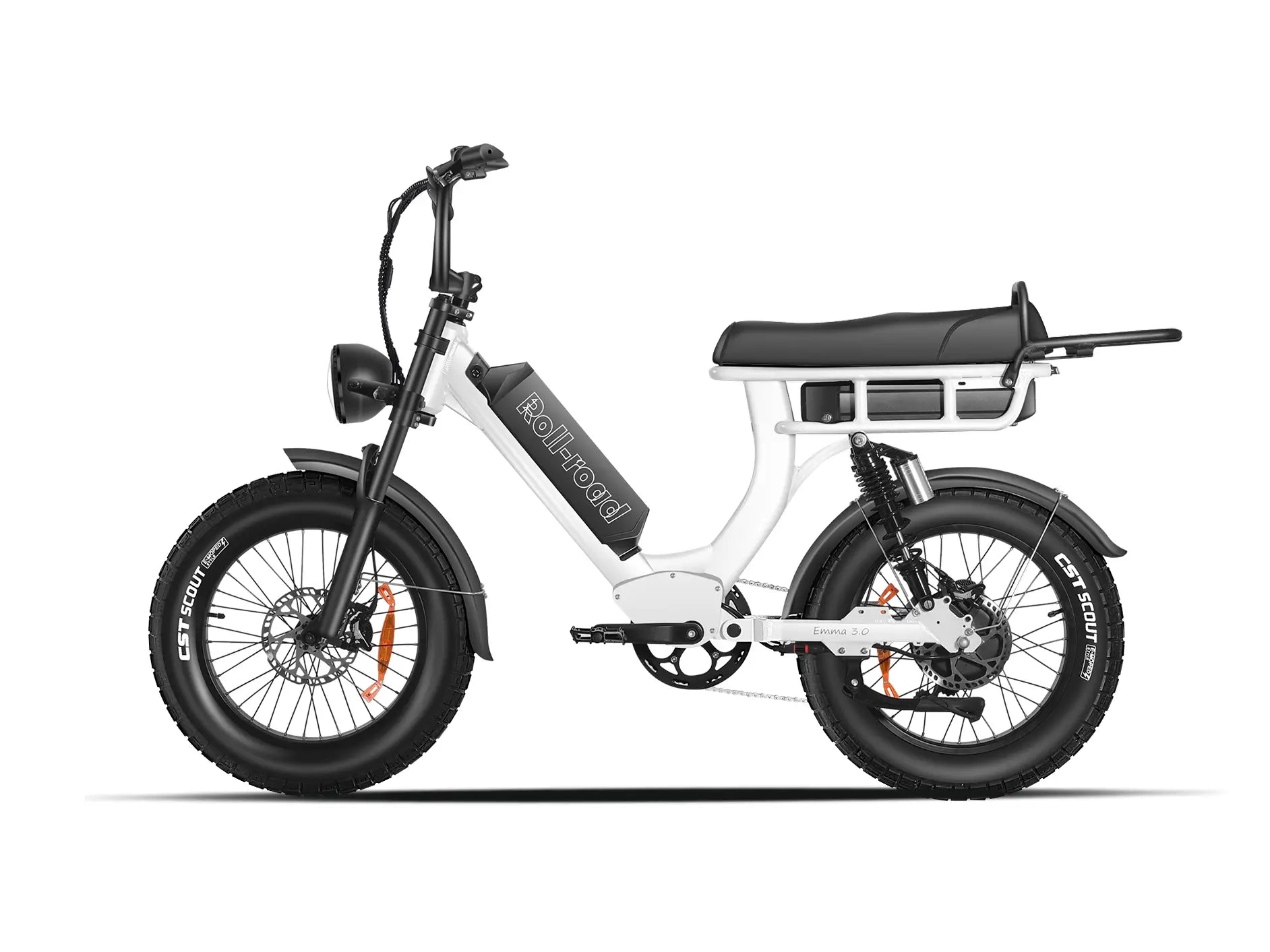 White EMMA 3.0 electric bike with a 2-person Seat. Equipped with a 1500W motor and dual batteries.