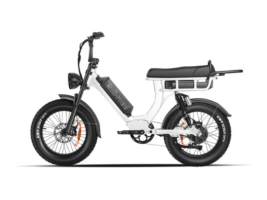 White EMMA 3.0 electric bike with a 2-person seat, perfect for running errands or cruising with a friend.