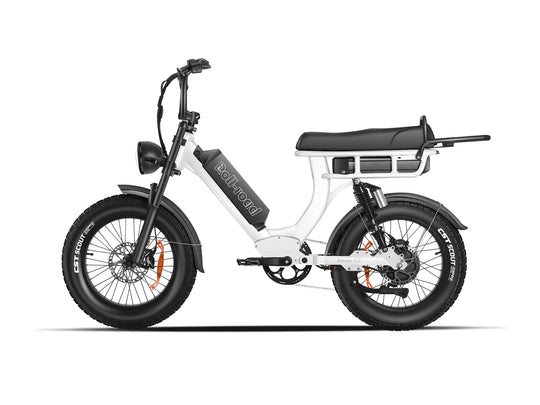 White EMMA 3.0 2-person seat e-bike with full suspension and dual 52V batteries.