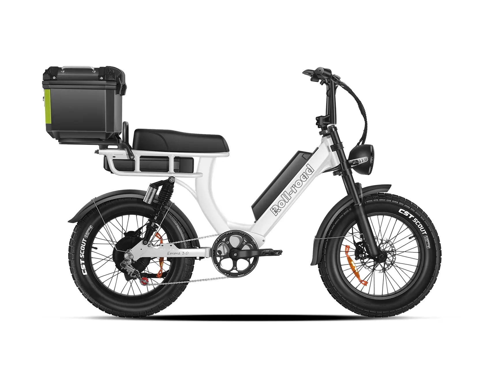 White EMMA 3.0 utility e-bike featuring a standard seat and a Trunk.