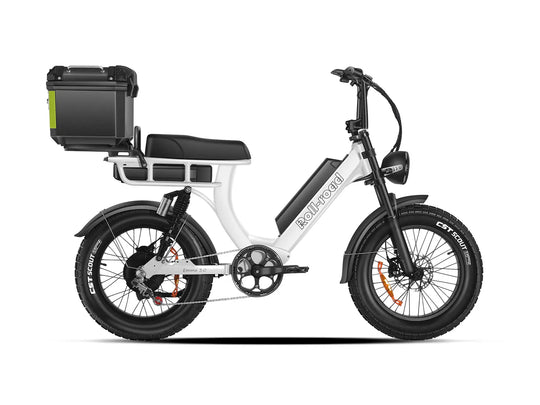 White EMMA 3.0 e-bike with a Trunk and standard seat for urban riding.