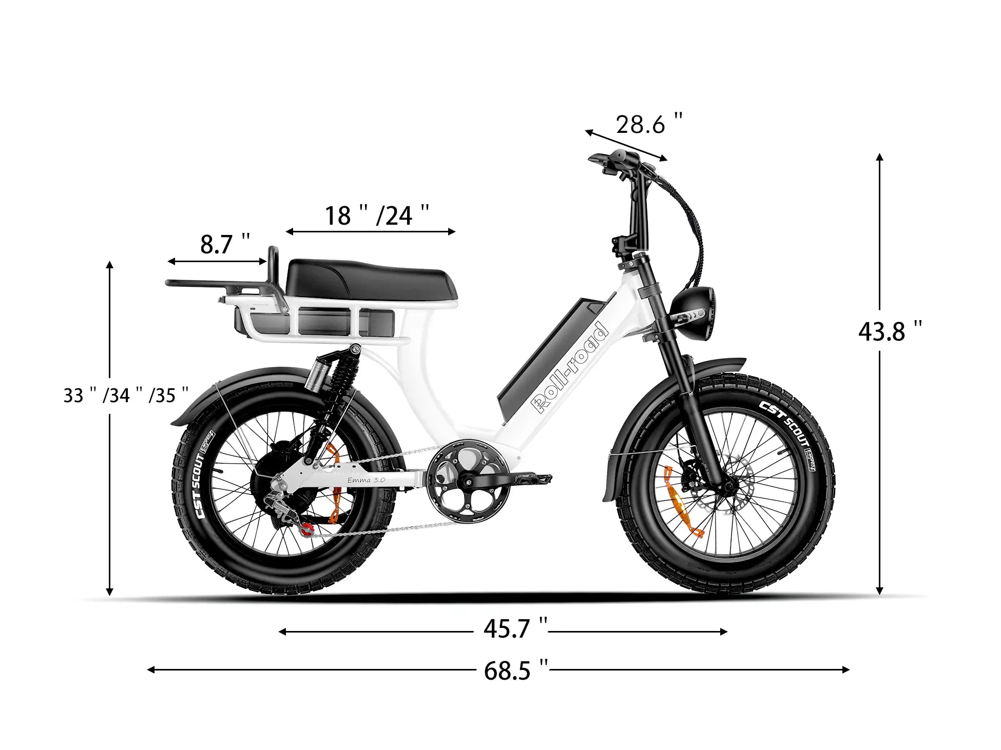 Technical diagram of the EMMA 3.0 electric bike, detailing its frame geometry and key measurements.