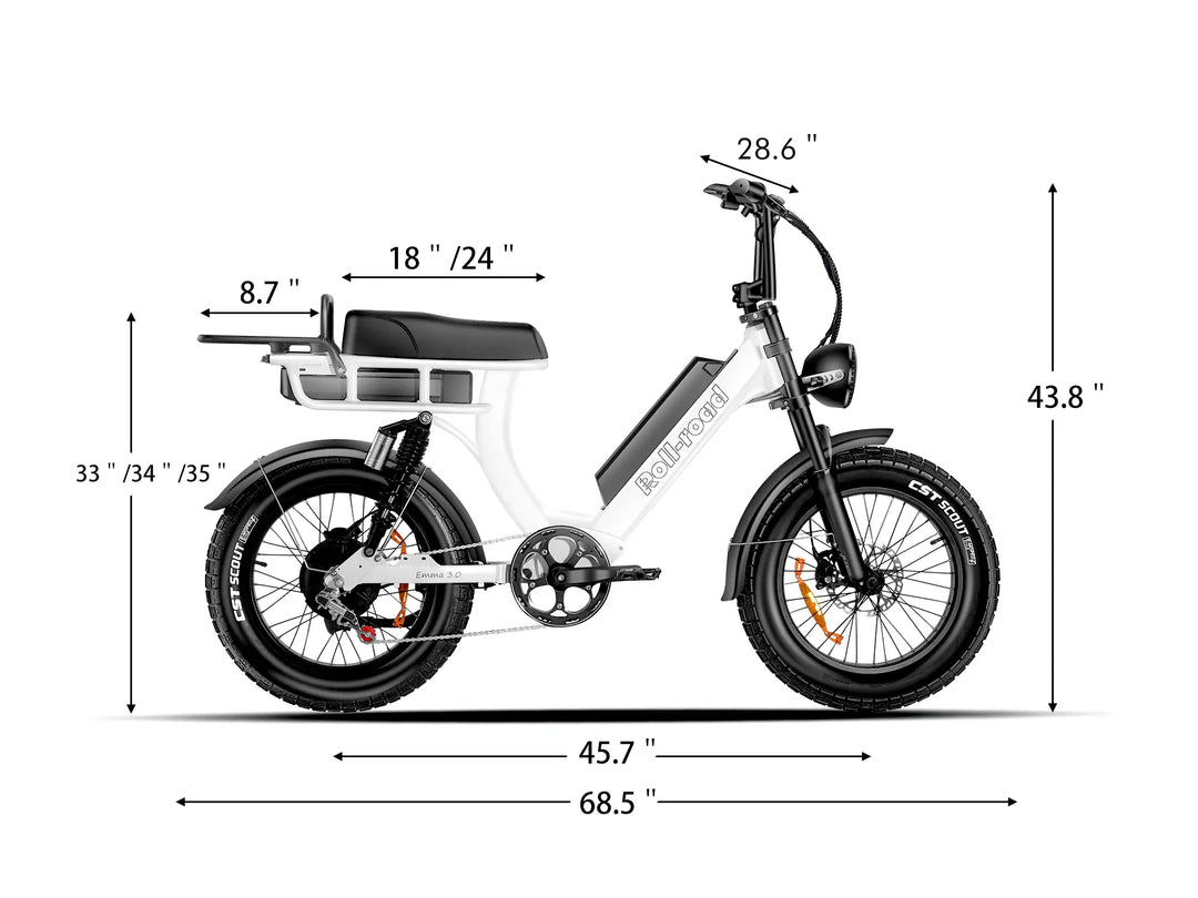 Technical diagram of the EMMA 3.0 electric bike, detailing its frame geometry and key measurements.