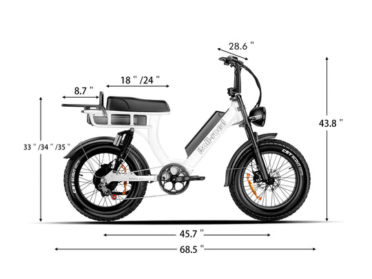 Technical diagram of the EMMA 3.0 electric bike, detailing its frame geometry and key measurements.