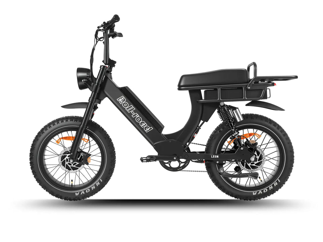 LEON e-bike rear angle view, showcasing its full suspension and powerful 5kW peak dual motor system.