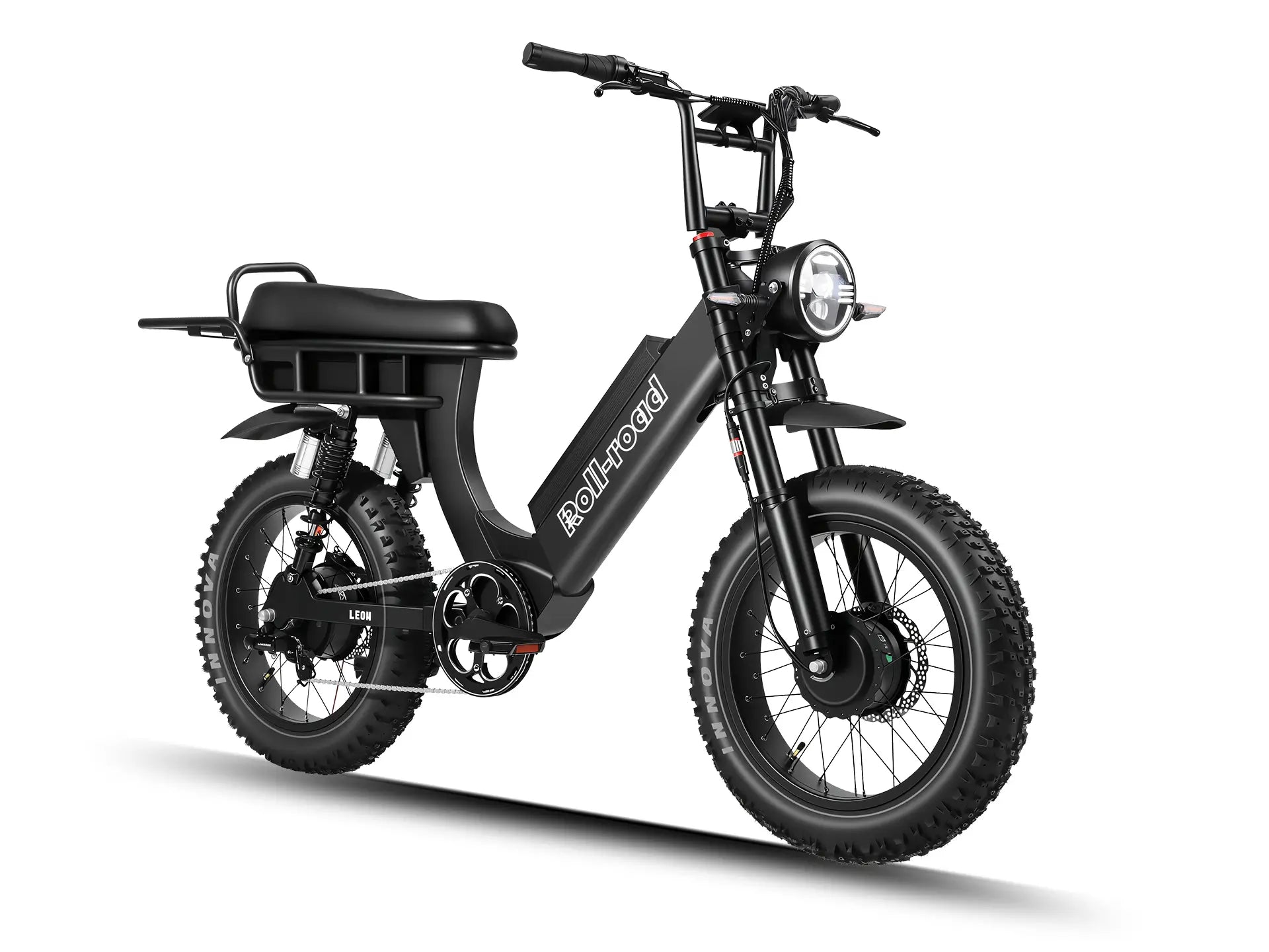 Side view of the LEON passenger e-bike with a 2-person seat, powered by dual motors for two-person rides.