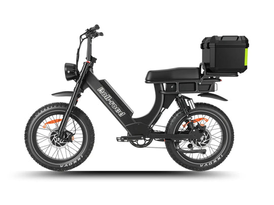 Front view of the LEON utility e-bike with standard seat and cargo trunk, featuring a dual motor system.