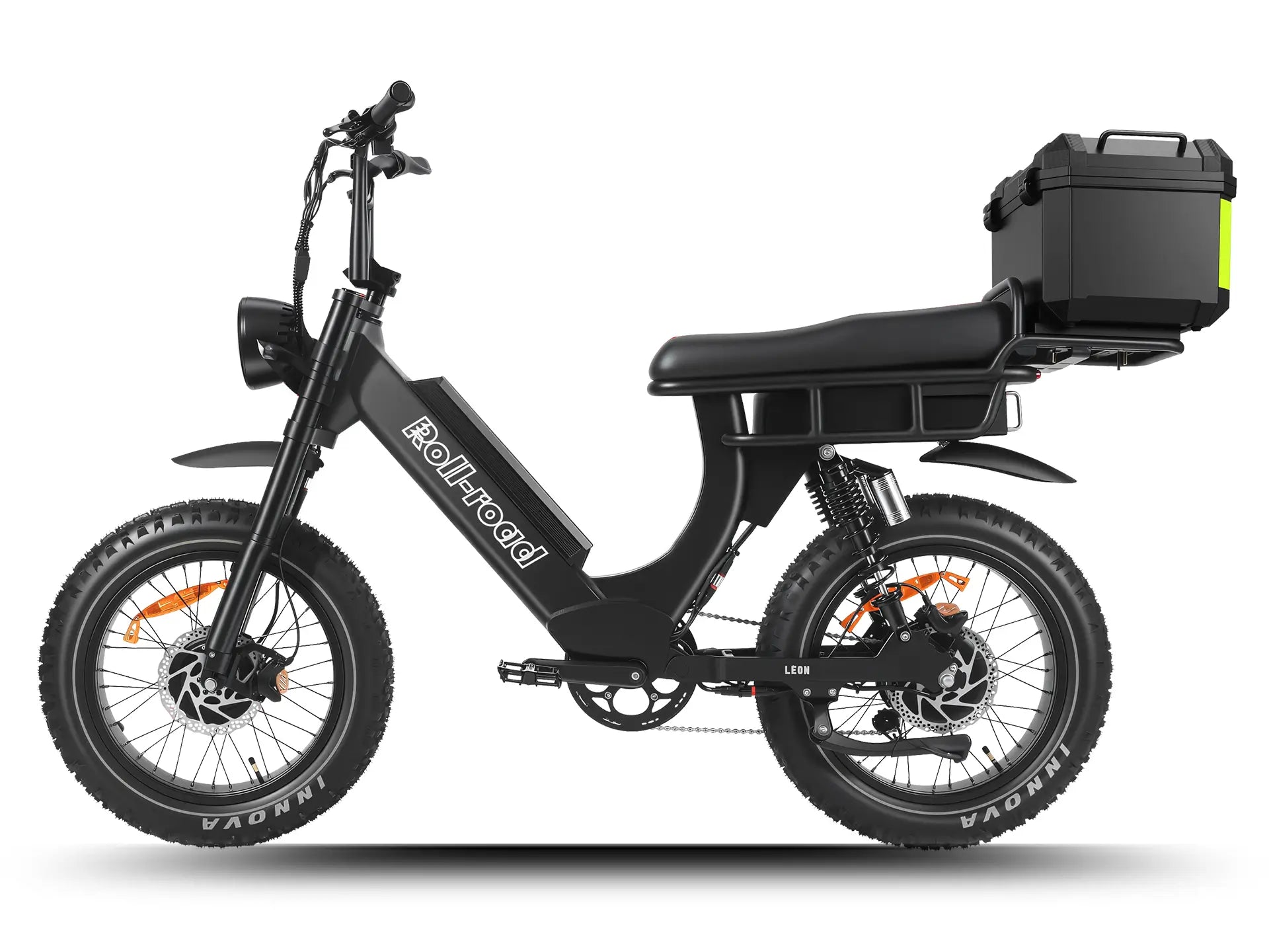 Black LEON e-bike with 2-person seat and cargo trunk, powered by dual motors for carrying passengers and gear.