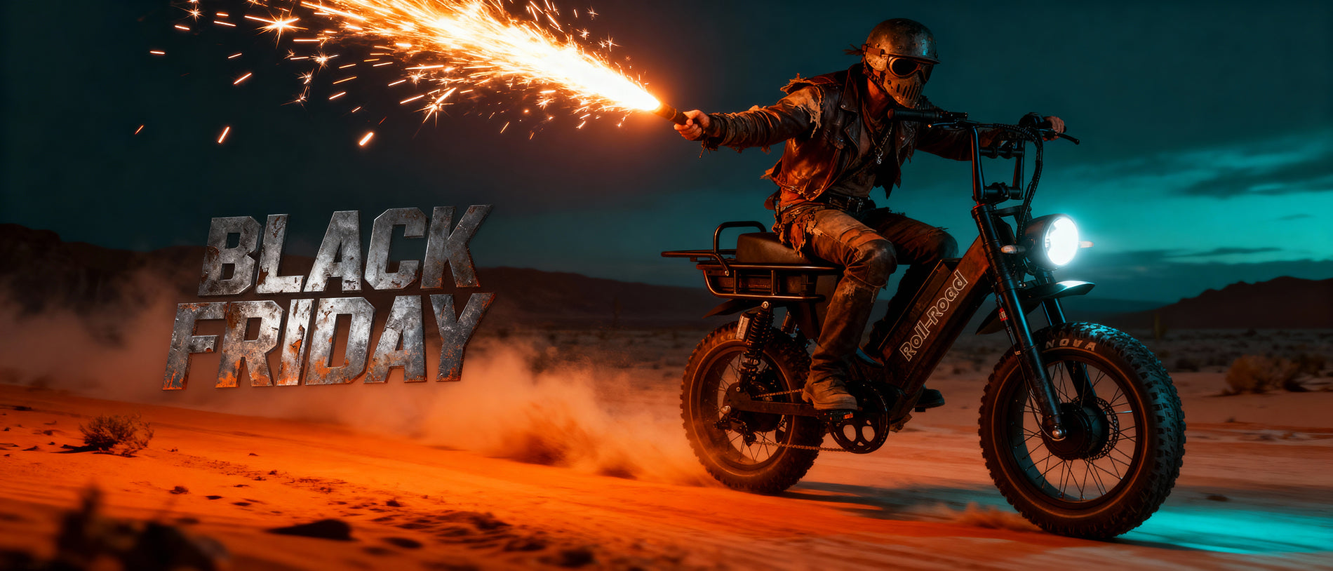 Person riding a motorcycle with sparks and 'Black Friday' text in a desert setting