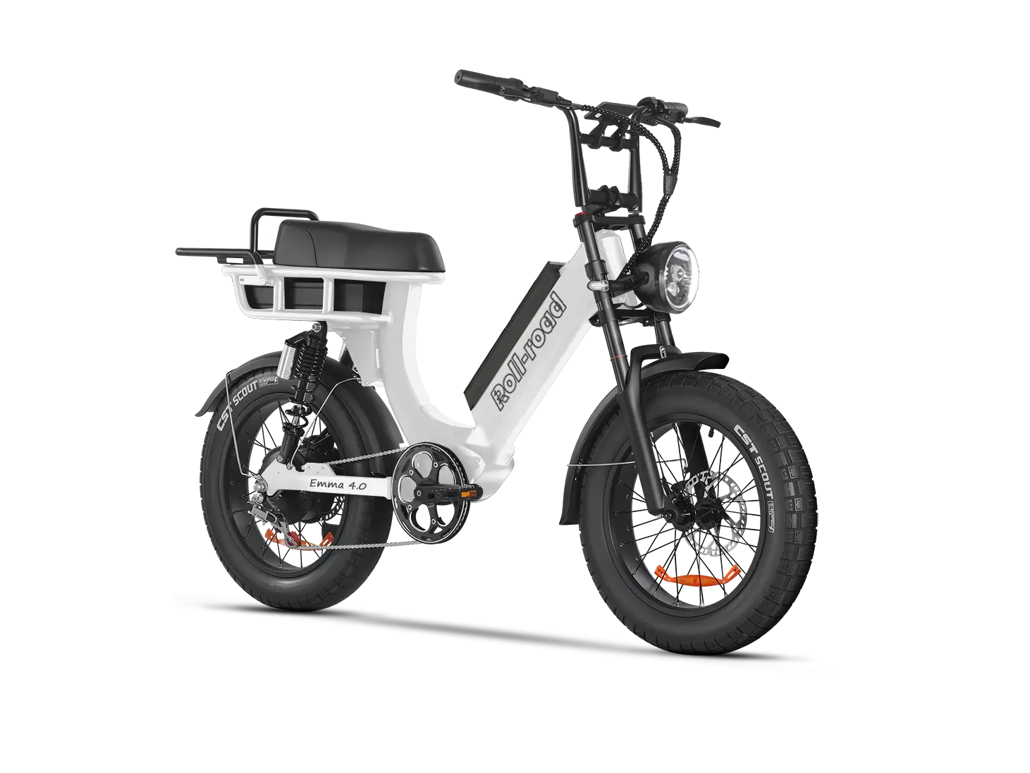 Moped-Style Dual Battery Ebike 450lb Heavy Rider- Heavy duty Ebike – Short Seat + Rear Trunk – 150 Mile Long Range, Emma 4.0 RollRoad Ebike